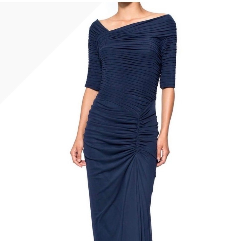 Tadashi Shoji Mesh Ruched Midi Gown Womens S Purple Off‎ Shoulder Formal Evening